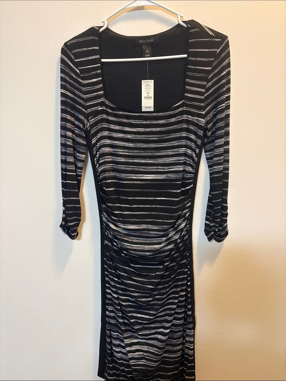 White House Black Market Black and Gray Striped Scoop-Neck Ruched Dress